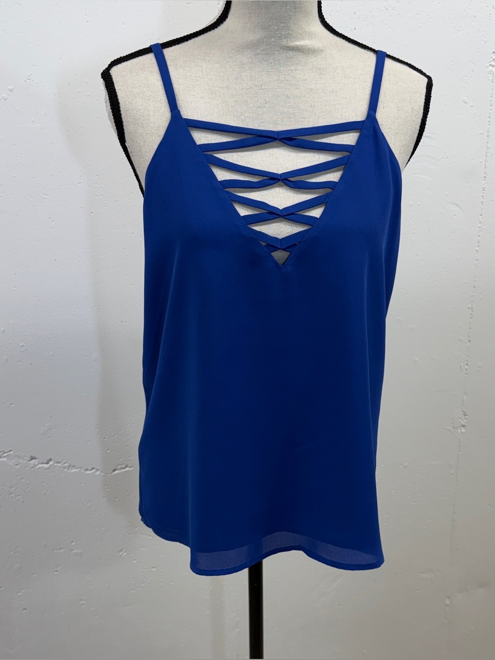 Blue Strappy V-Neck Women's Tank Top   Crepe feel with lining.